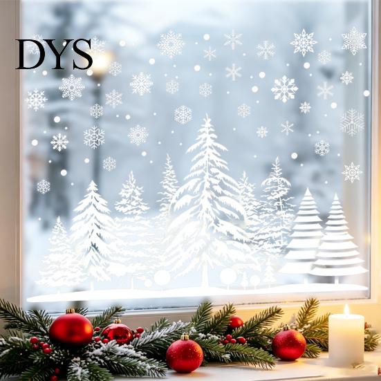 Versatile Adhesive Forest Patterns White Winter Window Static Sticker, Waterproof PVC Snow Scene Snowflake Clings for Glass Wall Decal, Silhouette Art