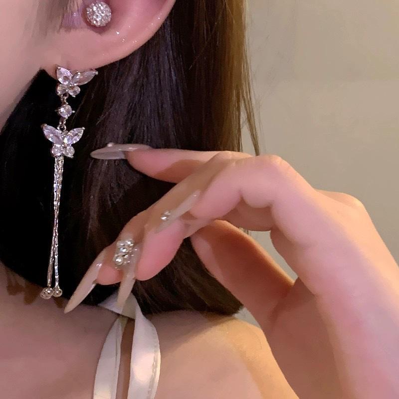 Exquisite Rhinestone Butterfly Tassel Earrings: Versatile, Fashionable Drops for Women