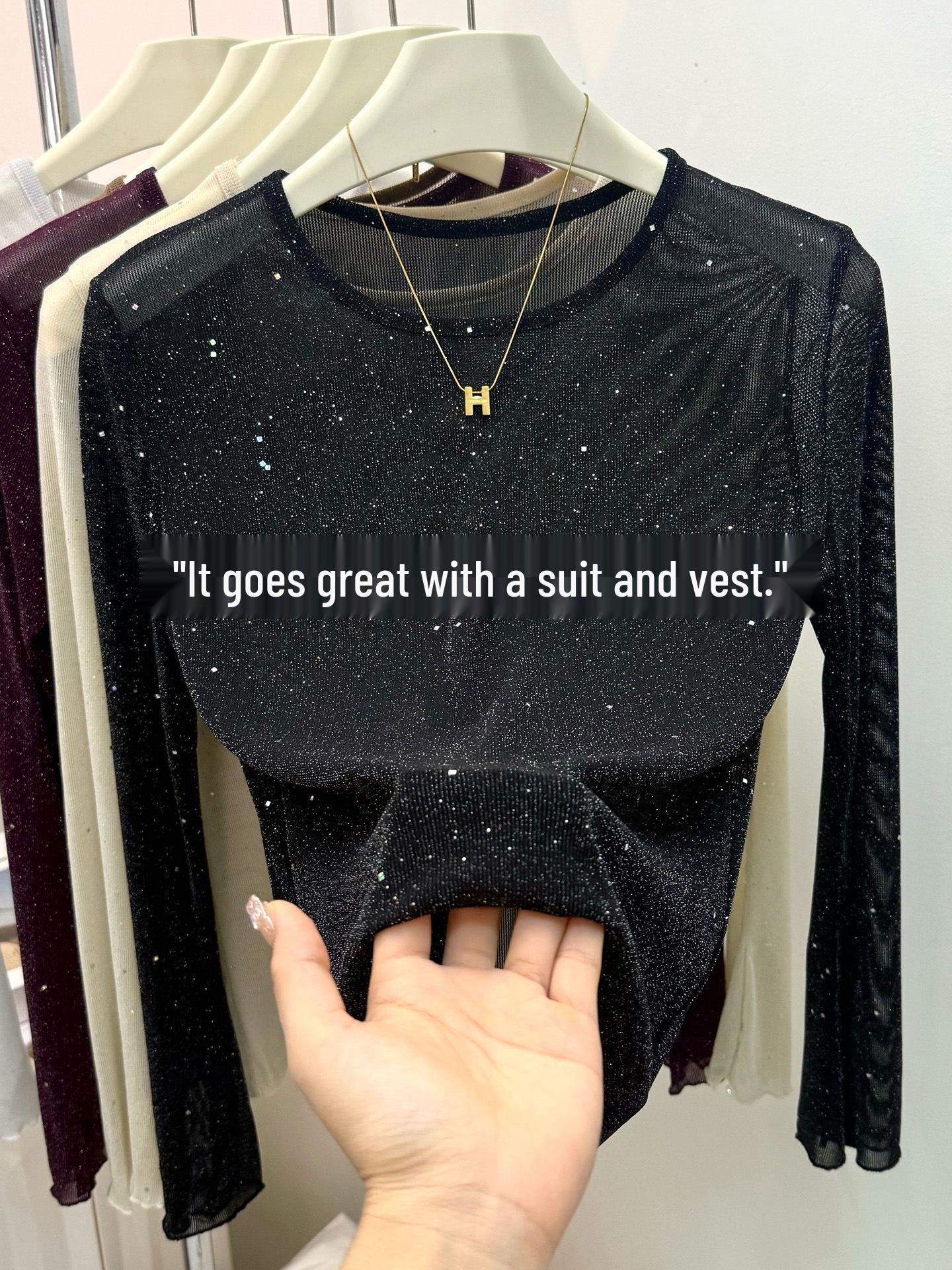 

Женский облегающий прозрачный топ с сеткой, пайетками, круглым вырезом и длинным рукавом, 2025 XL [60-70 kg] чёрный