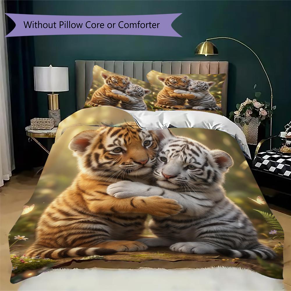 Sweet Tiger Pairs Pattern Bedding Uilt Set Uilt Cover Pillowcase Home Decoration Birthday Gift (1 * Duvet Cover + 2 * Pillowcase Without Core)