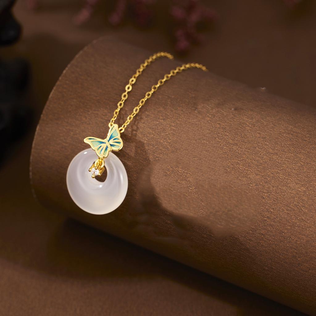 925 sterling silver chalcedony butterfly zircon necklace new Chinese versatile safety buckle jewelry necklace
