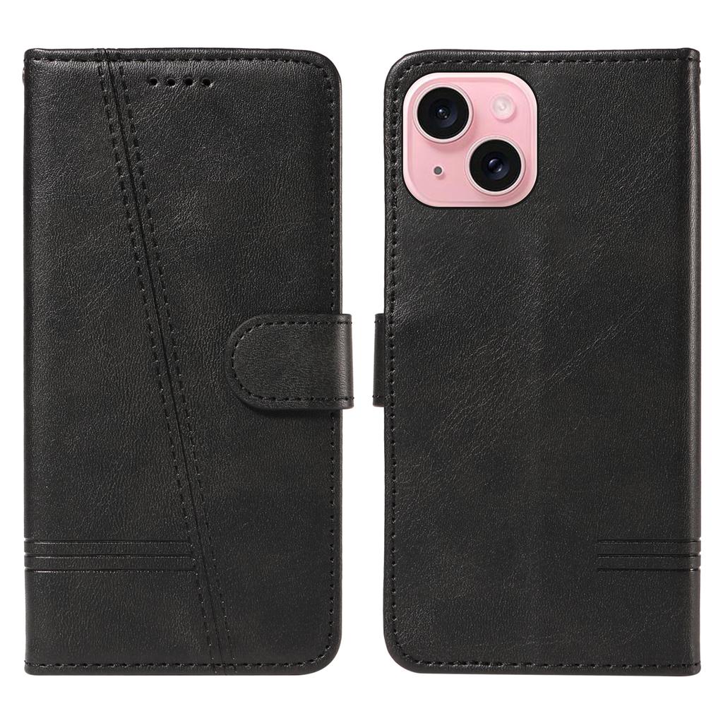For iPhone 15 Wallet Case T-Shape Lines Leather Phone Cover Stand