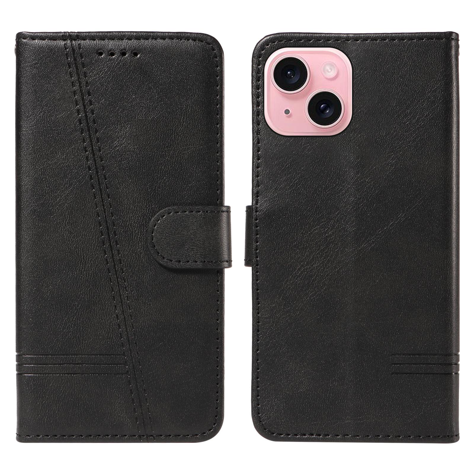 

For iPhone 15 Wallet Case T-Shape Lines Leather Phone Cover Stand D
