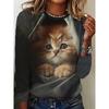Women's Long Sleeve T-Shirt Cute Cat Pattern 3D Print Autumn Street Casual Fall Round Neck Oversized Clothing Outdoor T Shirts