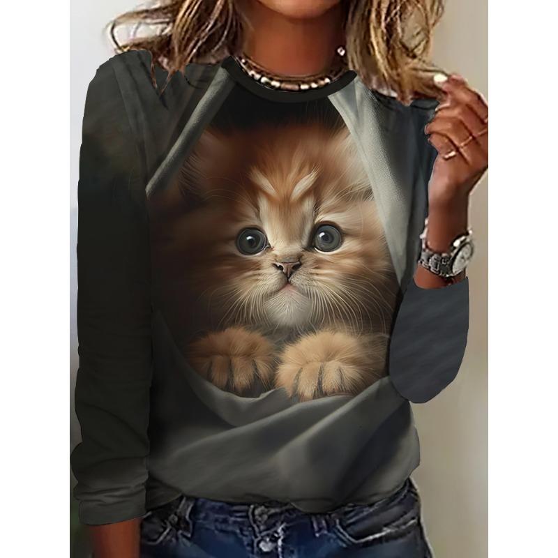 Women's Long Sleeve T-Shirt Cute Cat Pattern 3D Print Autumn Street Casual Fall Round Neck Oversized Clothing Outdoor T Shirts
