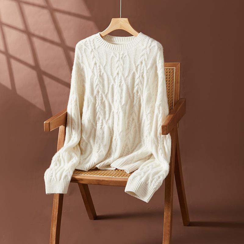 

Women s Heavyweight Thickened Cashmere Cable Knit Sweater - Red, Round Neck, Loose Fit, Autumn/Winter Pullover. One Size