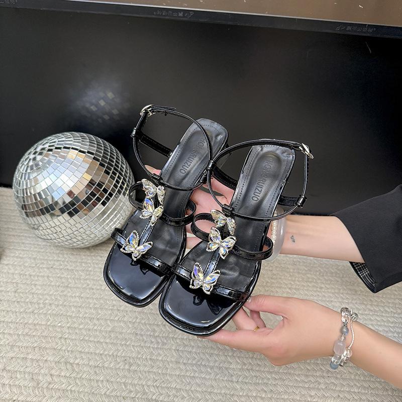 

2025 new models, fashionable and sexy versatile Roman style rhinestone thick heel sandals square head thin heel women s shoes 40 чёрный