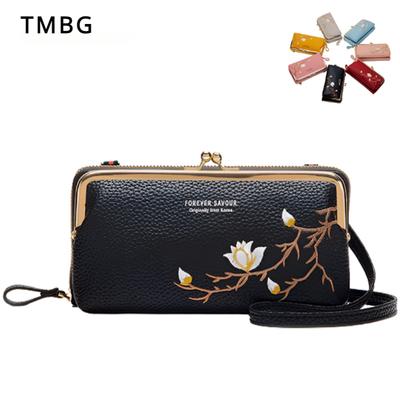 Alta capacidade versão horizontal bolsa para celular feminina retrô bordado flor de magnólia carteiras para celular femininas zíper bolsa longa presentes para o dia das meninas