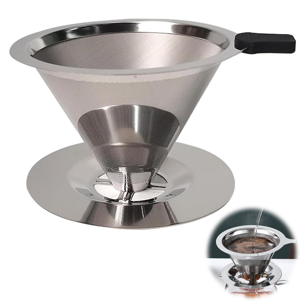 EsiFare Coffee Stainless Steel Coffee Filter with Coffee Filter Conical Filter with 800 Mesh Filter, Double-Layer Mesh, One-Piece Base, Reusable,