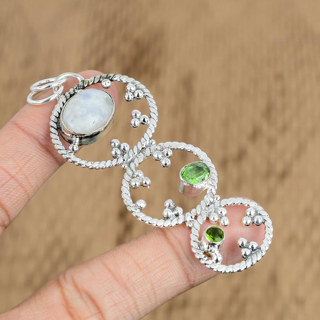 Natural Rainbow Moonstone Peridot Art Deco Unique New Pendant Jewelry 925 Silver