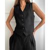 Women's Loose Fit Two Piece Pant Suit Sleeveless V Neck Button Vest Low Waist Wide Leg Trousers