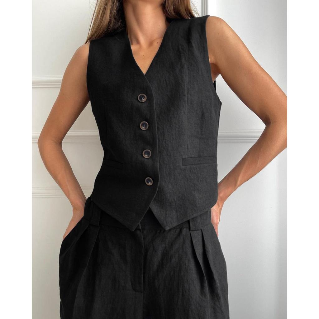 Women's Loose Fit Two Piece Pant Suit Sleeveless V Neck Button Vest Low Waist Wide Leg Trousers