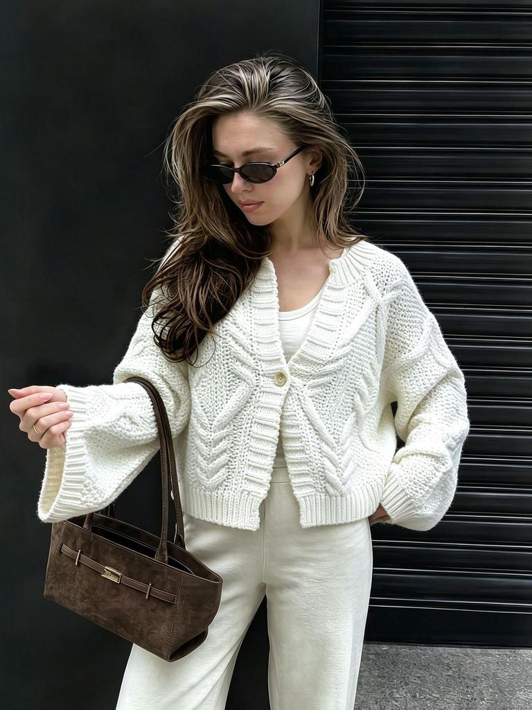 European-American Cross-border New Long-sleeve Knit Cardigan Top, Round Neck, Solid Color, Loose Fit, Women's Sweater for Autumn-Winter.