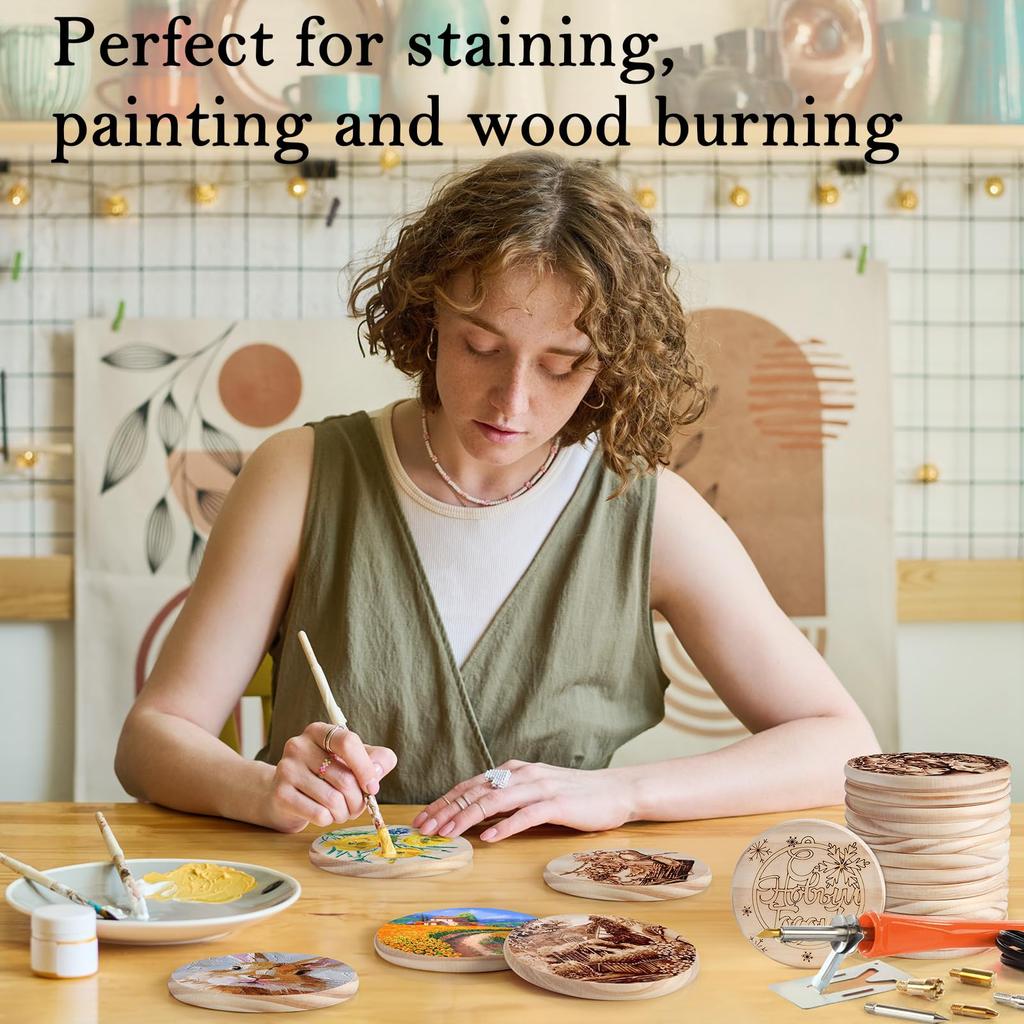 4 Pcs 4" Unfinished Wood Slice Blank Bulk Set with Foot Pad for Drinks Craft Laser Engraving Firewood Dyeing Painting Decoupage