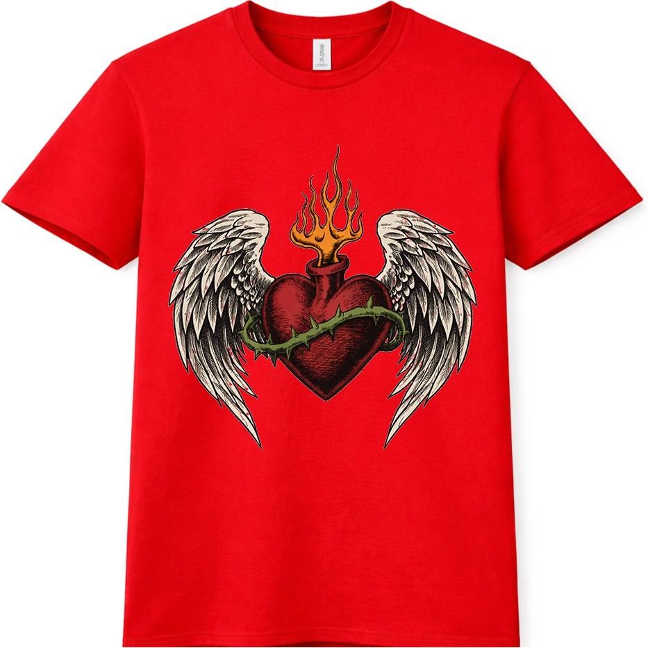 Flaming Heart T Shirt Angel Wings Tattoo Style Biker Gothic Graphic Tee