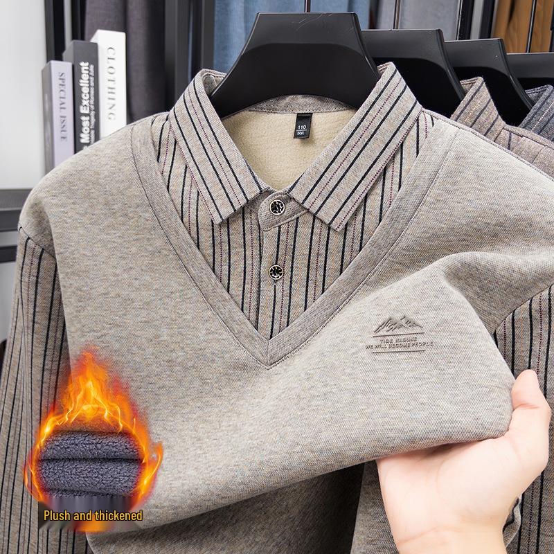 Men's Winter Striped Knitted Sweater - Faux Two-Piece with Turn-Down Collar, Fleece Lined