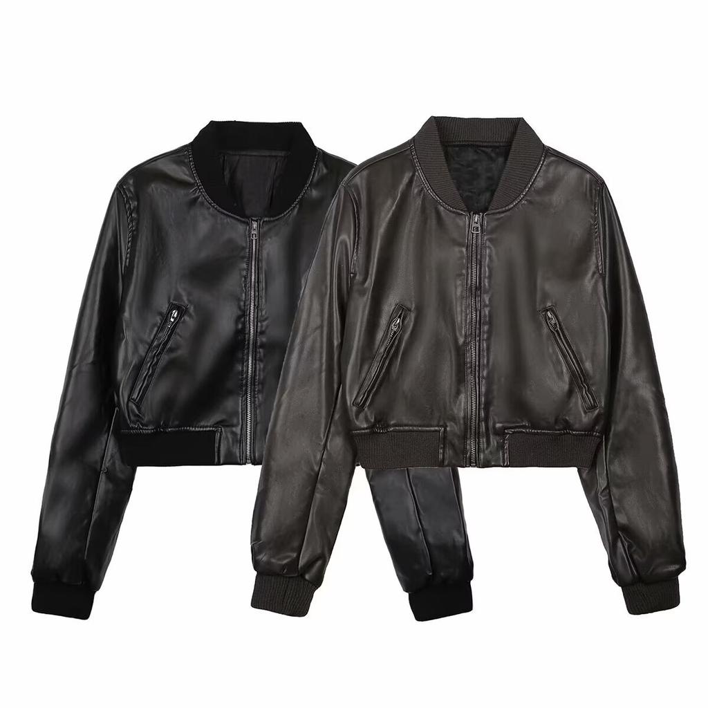 Women's New Vintage Imitation Leather Bomber Jacket Coat Top Women's Style