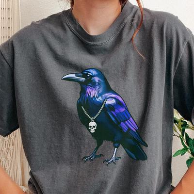 Iridescent Raven with Skull Necklace T-Shirt | Gothic Bird Tee