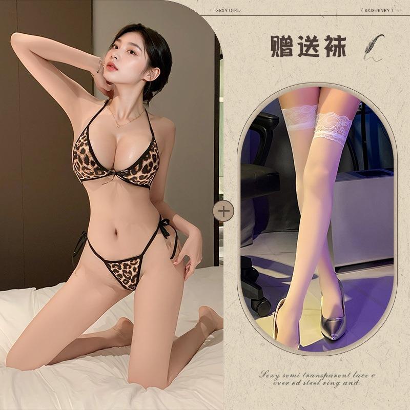 Leopard print erotic underwear comfortable three-point sexy neck strap underwear set small breasts gather sexy qqny