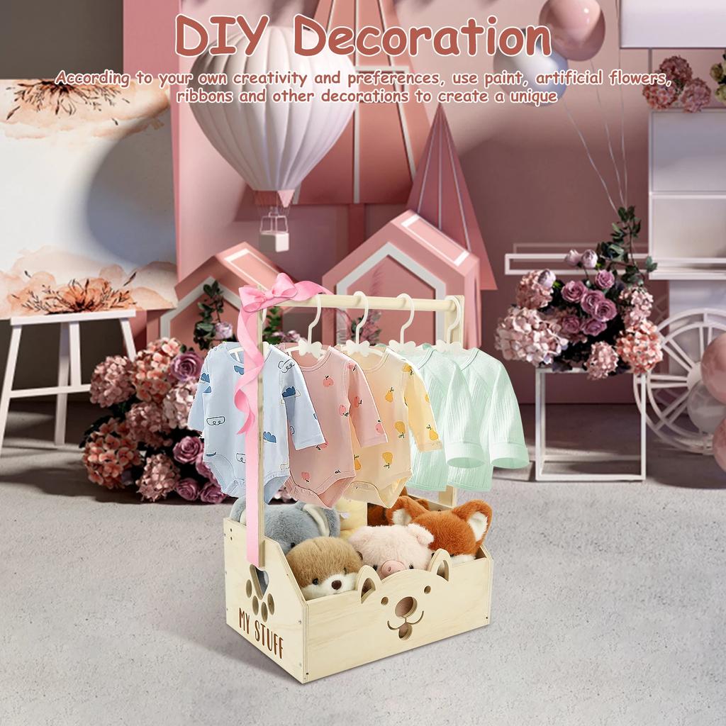 Wood Baby Shower Basket Baby Toys Storage Crate with Hangers and Handle Multipurpose Gift Basket for Boys Girls New Parents