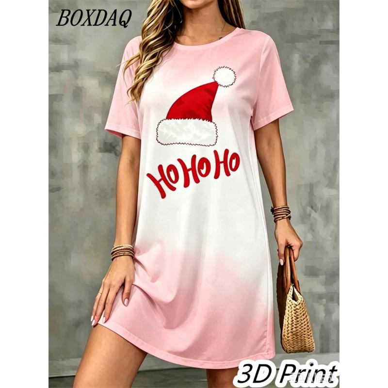 Fashion Elegant Christmas Printed Dress For Women Short Sleeve O-Neck Christmas Hat Letter Pattern Loose Mini Dress Casual Robe