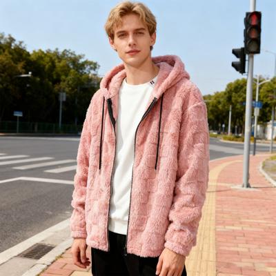 Yousheng Men Plush Hooded Jacket Fuzzy Full-Zip Casual Hoodie Solid Color Checkered Warm Winter Coat for Street School Party Wear