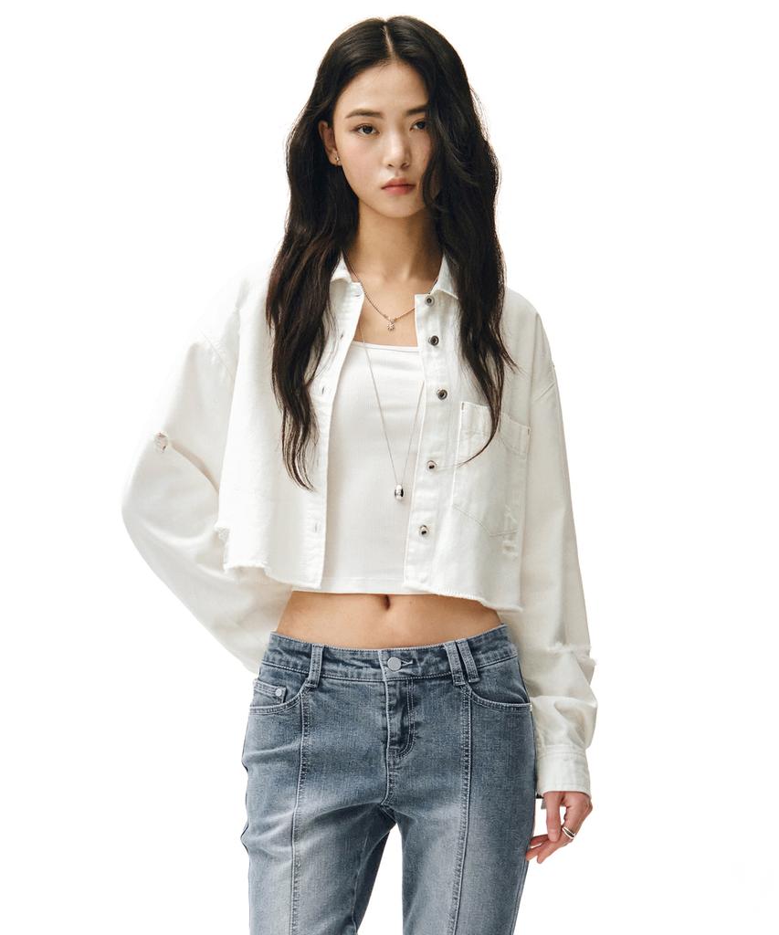 Deketeuumeon Cropped Damage Denim Shirts Dcwsh004White
