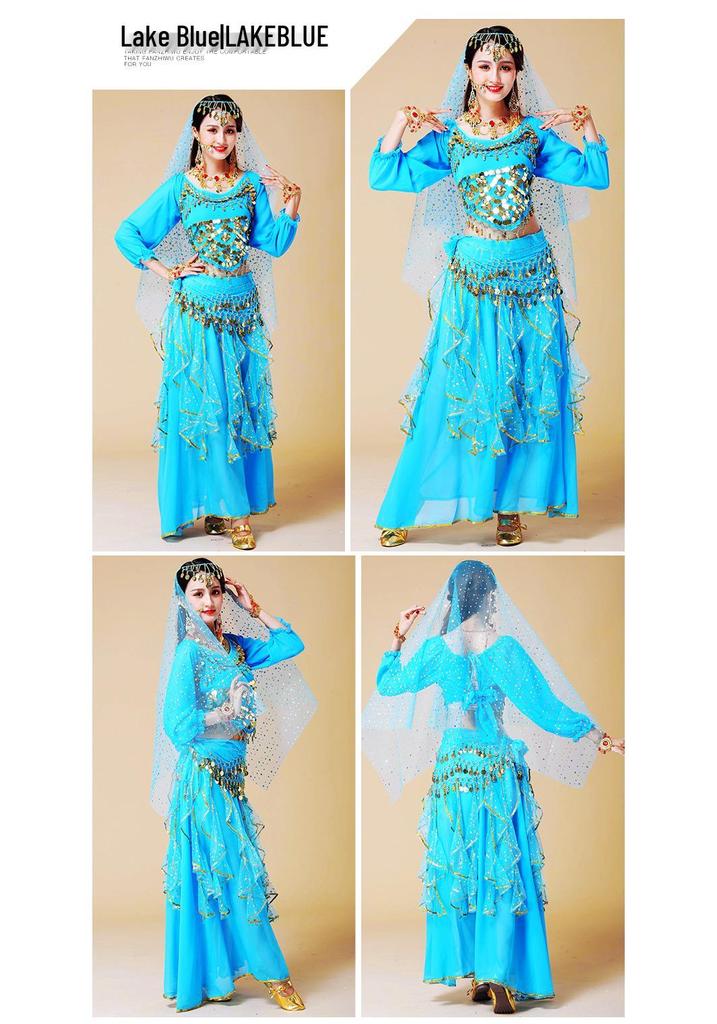 Women's Long Sleeve Indian Belly Dance Performance Costume with Short Sleeve Long Skirt