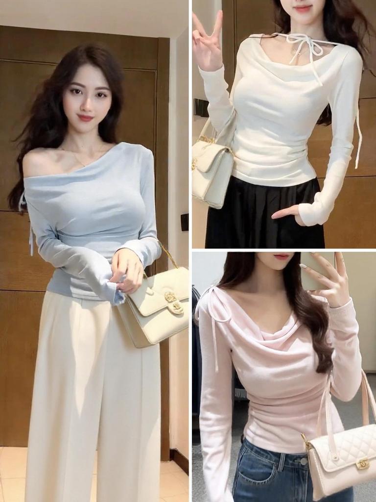 Korean-Style Slim-Fit Flowy Collar Long-Sleeve Tee for Women - Elegant Spring Arrival