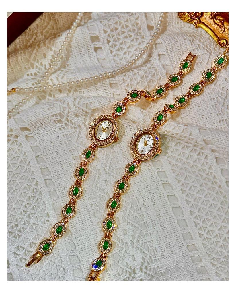 LSVTR Women's Vintage Trendy Oval Red and Green Gemstone Rainbow Light Luxury Watch