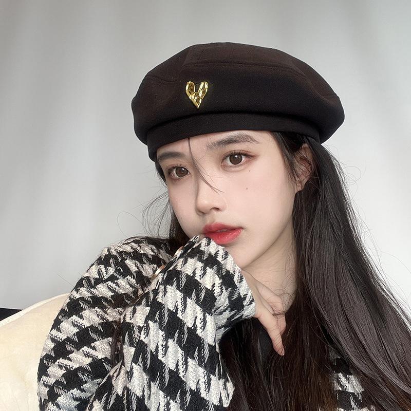 Korean Style Autumn And Winter Woolen Beret Caps For Women Retro All-Match Fashion Love Painter Hats Elegant Solid Beret Hat