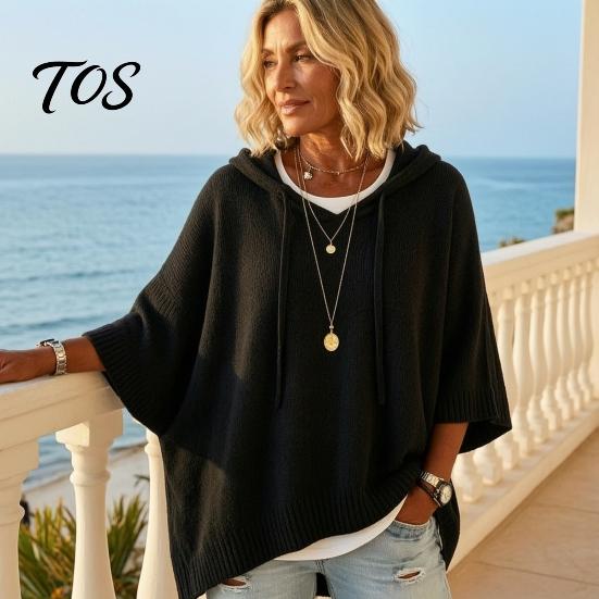 Long Sleeve Tops Autumn Women Knit Pullover Sweater, Loose Fit Drawstring Hooded Oversized Sweaters 3/4 Drop Shoulder Solid Color Casual Sweater Soft