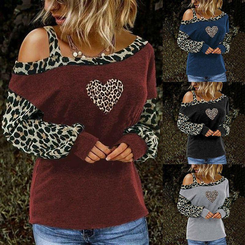 Leopard Womens Print Cold One Shoulder Tshirt Blouse Long Sleeve Casual Tops