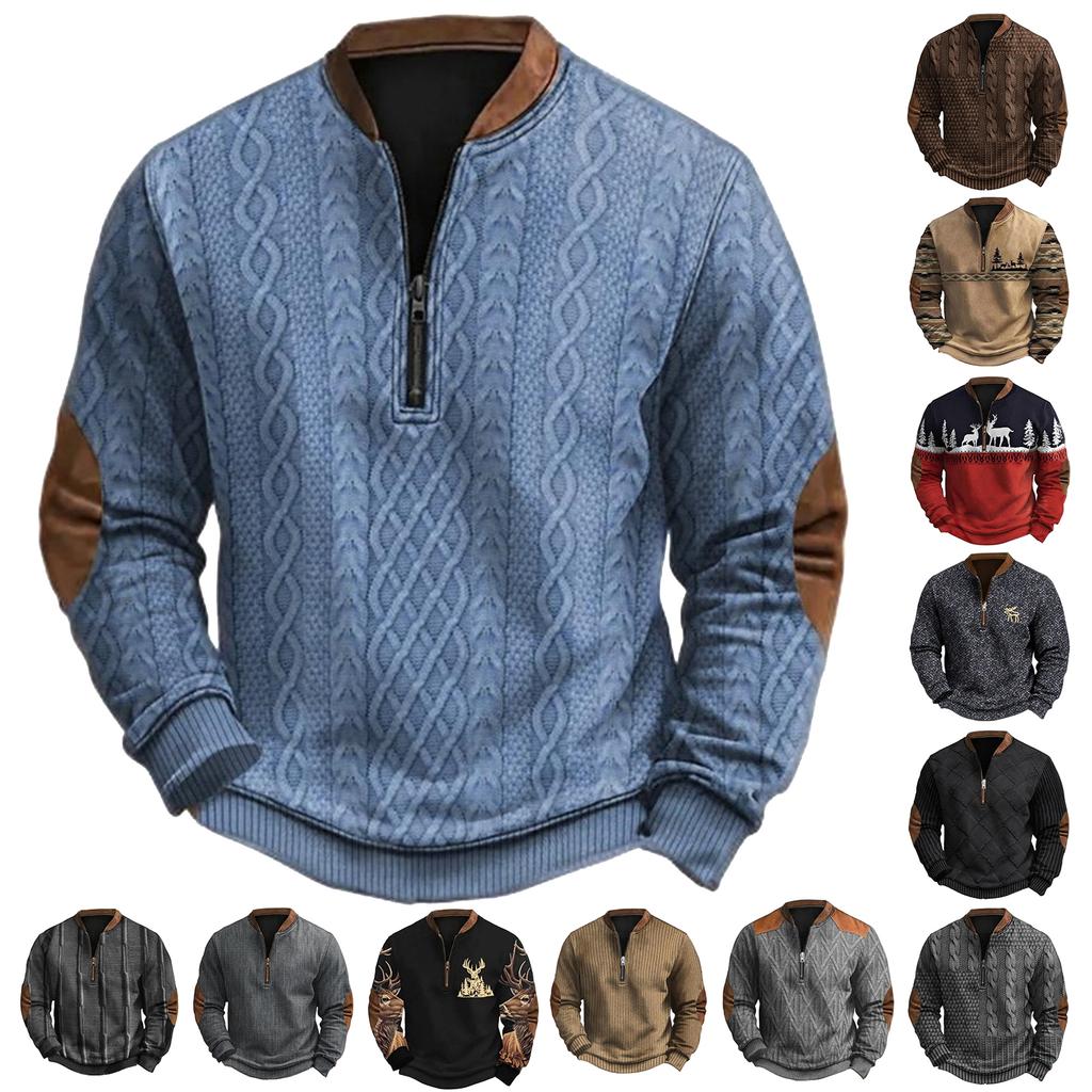 Pánská ležérní, trendy, retro, s americkým potiskem, s kulatým výstřihem, s dlouhým rukávem, polorozepínací mikina