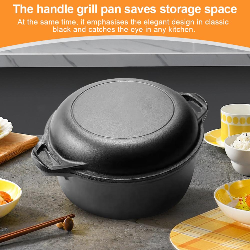 2 In 1 Cast Iron Dutch Oven with Skillet Lid Dutch Oven Pot with Dual Handles for Bread Frying Baking Camping BBQ Cookware Pan
