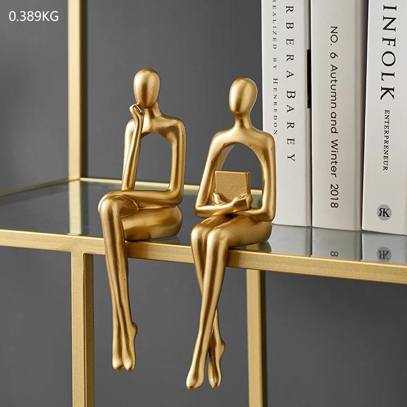 Gold Home Decor Thinker Statues Bookshelf Sculpture Decorations For Living Room Modern Figurines Shelf Table Desk Decor