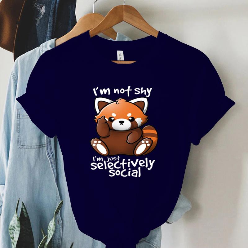 Print Trend Style TShirt Im Not Shy Im Just Selectively Social Womens Cute Panda Oversized T Shirt for Women Y2k Clothing