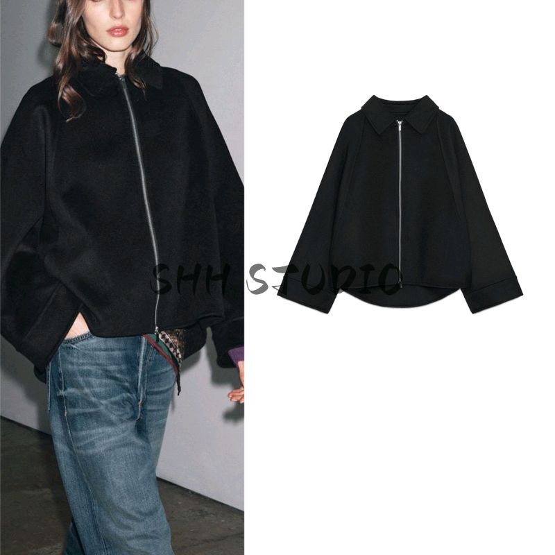 Fall New Arrival Women's Lapel Long Sleeves Loose Woolen Blended Back Patchwork Design Zipper Outwear 8491245