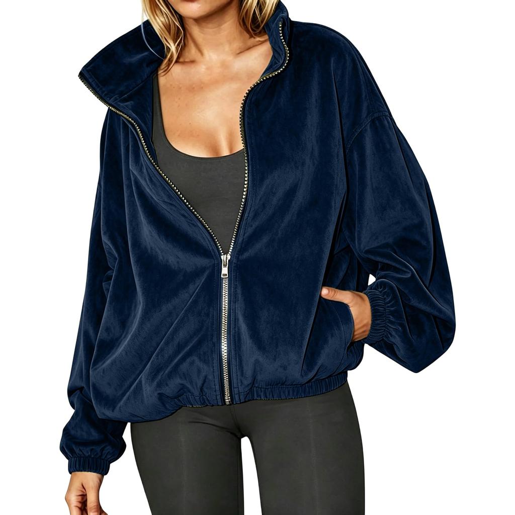 Damen Kapuzenpullover mit Reißverschluss Stehkragen Farbe Langarm Lässige Jacke Oberbekleidung