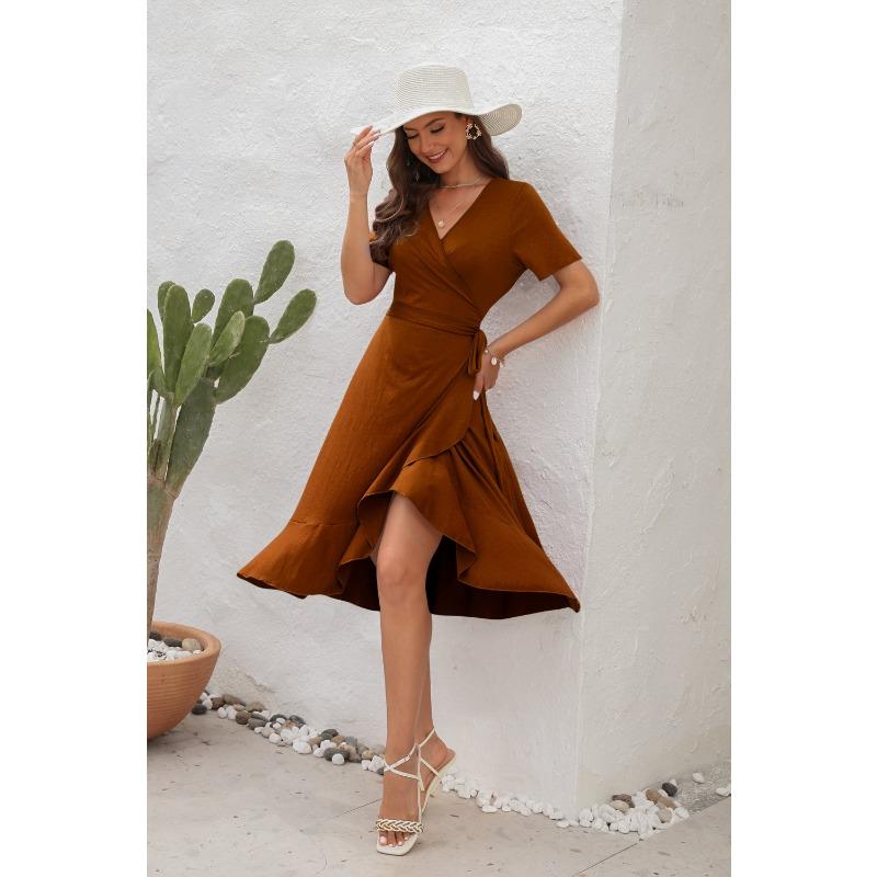 Rochie de vară pentru femei de dimensiuni plus mari, cu decolteu în V, cu talie înaltă, rochie cu cravată, culoare uni, rochie lungă cu mâneci scurte, rochii de călătorie de vacanță