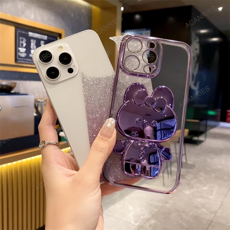 Cute 3D Rabbit Makeup Mirror Stand Plating Case For Samsung Galaxy A71 A51 4g A03s A31 A21s Protect Back Cover A 71 51 31 21s 03