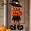 Halloween Door Sign Happy Welcome Witch Legs Hat Hanging Wooden Wall Decor Easy Hang Rustic Front Hanger for Porch Indoor Outdoor