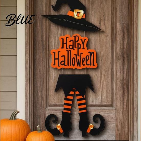 Halloween Door Sign Happy Welcome Witch Legs Hat Hanging Wooden Wall Decor Easy Hang Rustic Front Hanger for Porch Indoor Outdoor