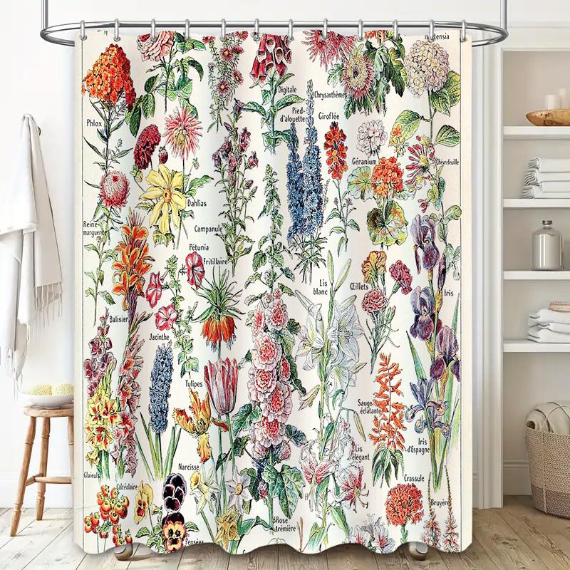Botanical Flower Shower Curtain Vintage Floral Pattern Bathroom Decor Nature Art Washable Fabric Backdrop