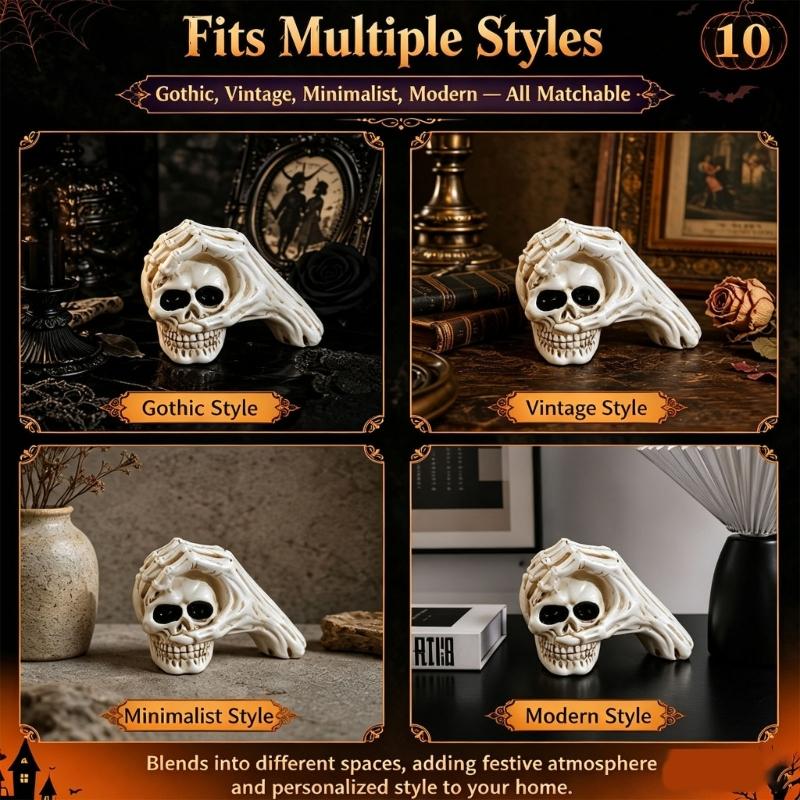 Resin Skull Figure for Halloween Display, Hand Over Skull Accent with Clear Bone Texture for Shelf Spots, Window Styling and Party Corner Use