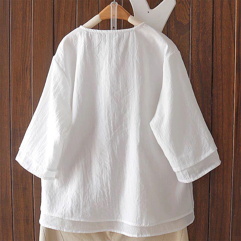 Women's Summer Embroidered V-Neck Cotton Linen Top - Ethnic Style with Asymmetrical Lapel and Frog Buttons