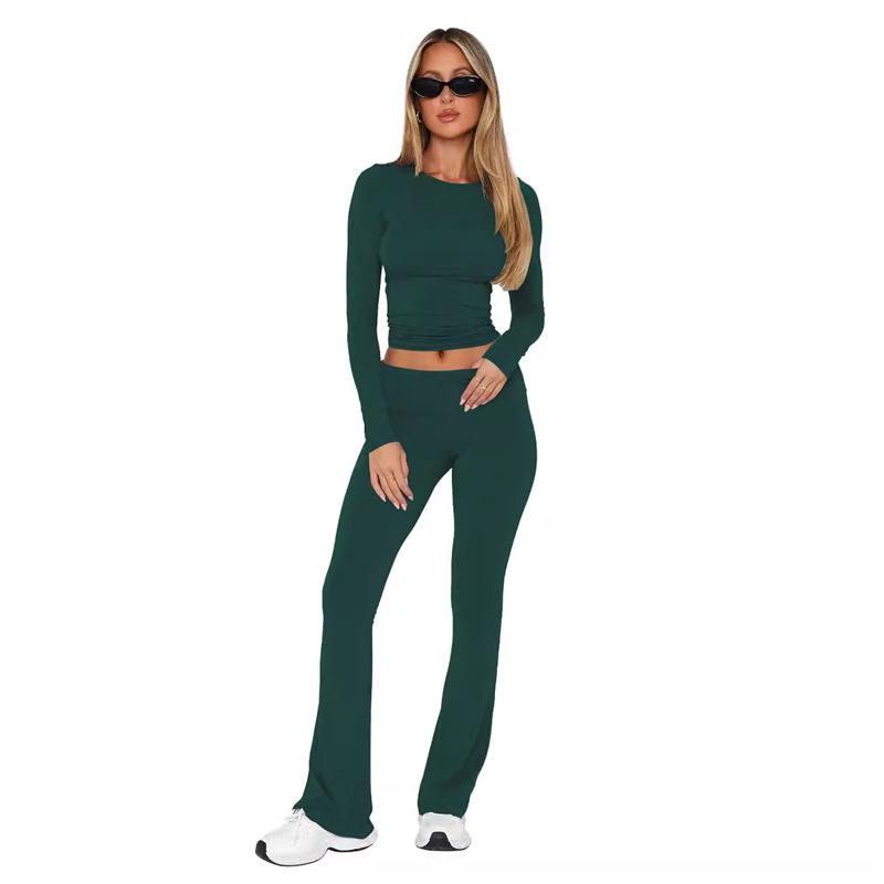 2024 Euro-American Women's Fashion Long Sleeve Pullover & Slim Fit Flared Pants Set