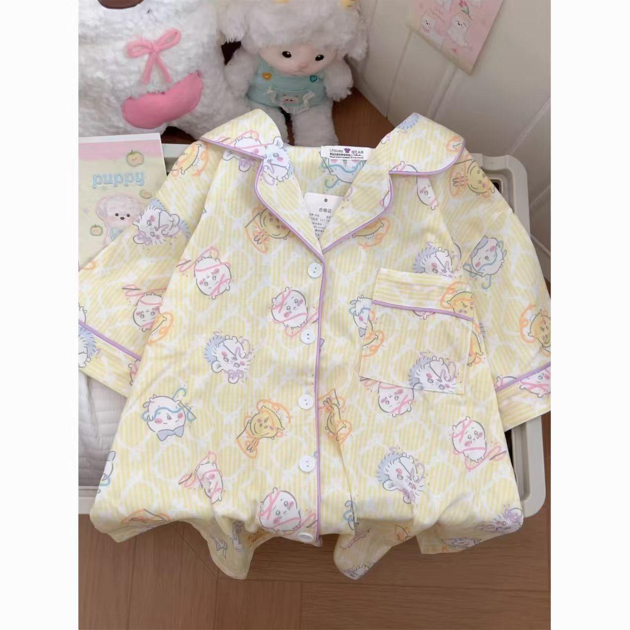 

Japanese sweet Jiyikawa pajamas women s summer short-sleeved shorts cardigan set student casual loungewear S