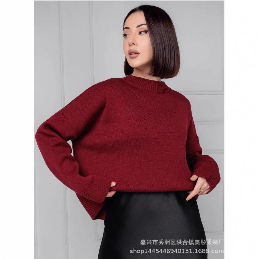 Crew neck sweater women's European, American autumn and winter new solid color versatile casual lazy pullover knitted sweater top