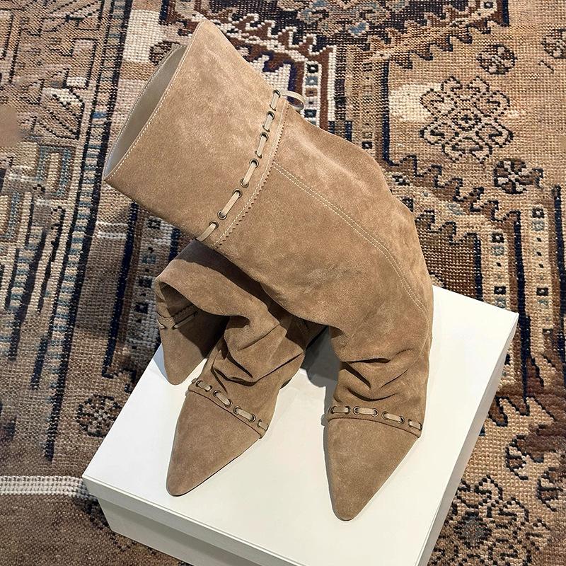 Cowhide version~ Genuine leather retro pointed western cowboy boots but knee boots versatile stacking boots strap high boots